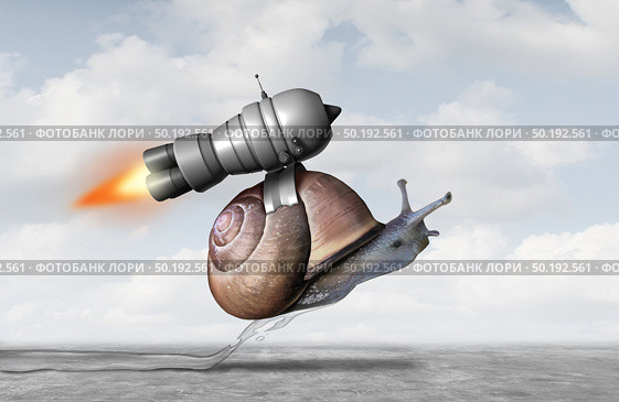 Business acceleration concept as a snail with a jet pack engine to accelerate success as a metaphor for innovation and finding a creative solution with 3D illustration elements. Стоковое фото, агентство Ingram Publishing / Фотобанк Лори
