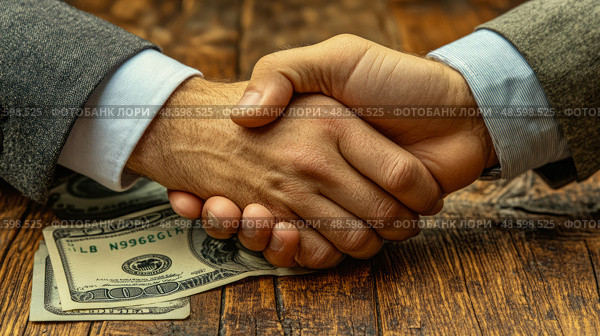 Business Accord: A handshake seals a lucrative deal amidst stacks of currency on rustic timber. Стоковое AI-изображение, AI-художник Данила Большаков / Фотобанк Лори