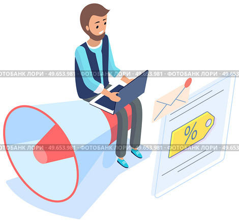 Business advertising and outbound marketing concept. Man works with advertising sale in online store. Freelancer sitting on loudspeaker and working with laptop. Internet marketing using technology. Man works with advertising sale in online store. Freelancer sitting on loudspeaker and working. Стоковая иллюстрация, агентство Ingram Publishing / Фотобанк Лори