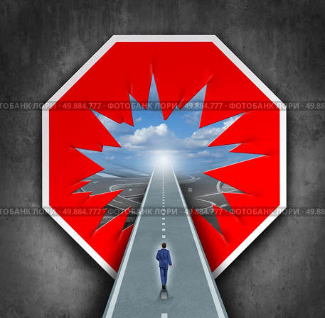 Business breakthrough and overcoming road blocks as a red and white stop sign with a hole revealing a path for a person to walk towards career or life success. Стоковое фото, агентство Ingram Publishing / Фотобанк Лори