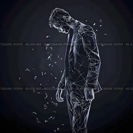 Business career collapse concept. A young man in a suit is breaking into parts isolated on a black background. Low poly wireframe illustration. Work failure. Стоковое AI-изображение, AI-художник Александра Рублева / Фотобанк Лори