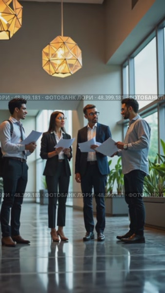 Business colleagues reviewing documents in modern office lobby, geometric lighting fixtures casting interesting shadows. Стоковое AI-видео, аниматор Sergey Grishin / Фотобанк Лори