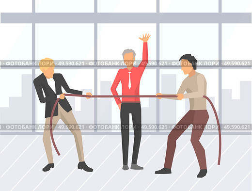 Business competition vector, businessman pulling ropes. People and boss saying to start, competitive spirit of workers in office. Battle of men flat style. Conflict at Work, Businessman Pulling Rope Vector. Стоковая иллюстрация, агентство Ingram Publishing / Фотобанк Лори