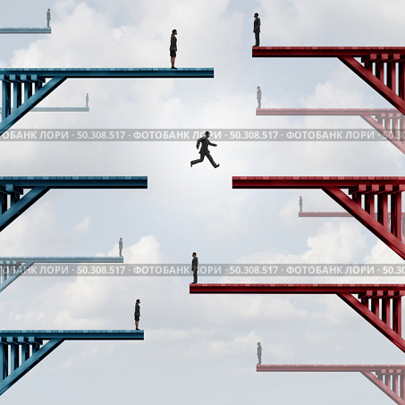 Business courage concept as a corporate leadership metaphor for the challenges of taking a leap for connecting with 3D illustration elements. Стоковое фото, агентство Ingram Publishing / Фотобанк Лори