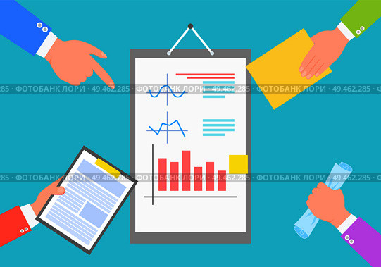 Business data statistics, chart and plots images isolated on blue vector illustration of report surrounded by human hands with papers and documents. Business Data Statistics, Chart and Plots Images. Стоковая иллюстрация, агентство Ingram Publishing / Фотобанк Лори
