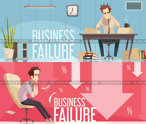 Business Failure 2 Retro Cartoon Posters . Business failure 2 retro cartoon banners with frustrated businessman sitting in red arrows down isolated vector illustration . Стоковая иллюстрация, агентство Ingram Publishing / Фотобанк Лори