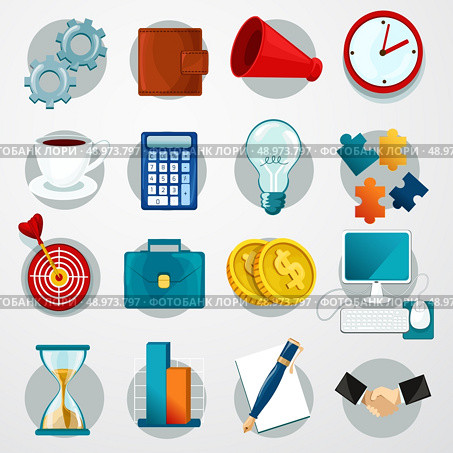 Business flat icons set with gears wallet megaphone clock isolated vector illustration. Стоковая иллюстрация, агентство Ingram Publishing / Фотобанк Лори