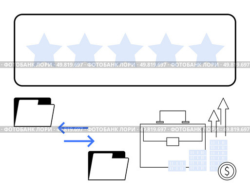 Business folders exchanging data, briefcase with rising arrows and money stacks, five-star rating bar. Ideal for business success, data transfer, financial growth, performance evaluation, corporate. Business folders exchange, briefcase with increasing graph and stacks of coins, five-star rating. Стоковая иллюстрация, агентство Ingram Publishing / Фотобанк Лори