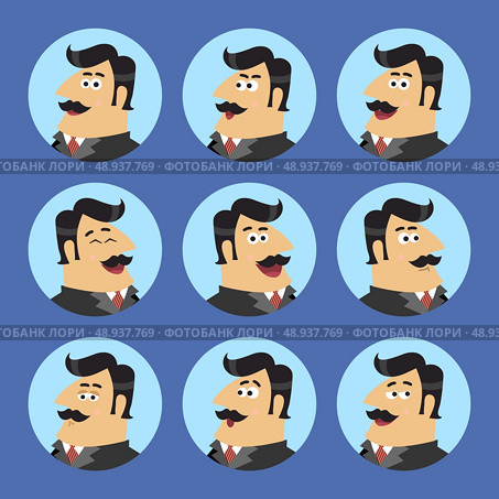 Business life shareholder in suit emotional expressions icons set isolated scene concept vector illustration. Стоковая иллюстрация, агентство Ingram Publishing / Фотобанк Лори
