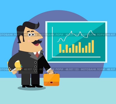 Business life shareholder in suit  with briefcase and paper folder near the chart scene concept vector illustration. Стоковая иллюстрация, агентство Ingram Publishing / Фотобанк Лори