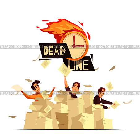 Business managers extreme workload stress burnout and deadline pressure symbolic cartoon poster with burning clock vector illustration . Deadline Workload Pressure Cartoon Illustration. Стоковая иллюстрация, агентство Ingram Publishing / Фотобанк Лори