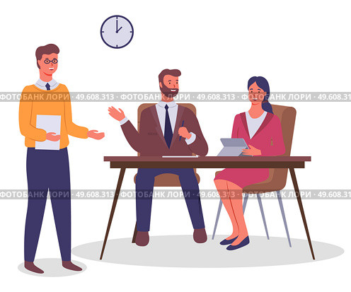 Business meeting and consideration of working issues. Office workers discussing matters. Businessmen dressed in formal clothes in the modern office interior sitting at a table. Friendly team work. Business meeting and consideration of working issues. Office workers talking, communicating. Стоковая иллюстрация, агентство Ingram Publishing / Фотобанк Лори