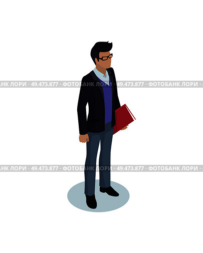 Business person in casual suit and glasses vector figure. Male office or self-employed worker character with book or folder in static pose isolated.. Office Worker Businessman Isolated Isometric Icon. Стоковая иллюстрация, агентство Ingram Publishing / Фотобанк Лори