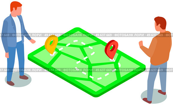 Business plan, project management and strategy, men stand near map with marks. Location, placement of trade points. Businessmen determine geolocation, studying new route. Colleagues discuss map. Businessmen determine geolocation, studying new route. Colleagues discussing map with marks. Стоковая иллюстрация, агентство Ingram Publishing / Фотобанк Лори
