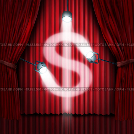 Business presentation or company sales pitch to find investors in a new financial venture as a stage with red silk curtains or drapes with shinning spot lights illuminating in the shape of a dollar sign as a metaphor for raising funds in front of an audience. Стоковое фото, агентство Ingram Publishing / Фотобанк Лори