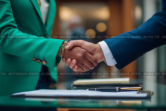 Business professionals engage in handshake to finalize agreement within a modern office setting during the afternoon. Стоковое AI-изображение, AI-художник Сергей Толмачёв / Фотобанк Лори