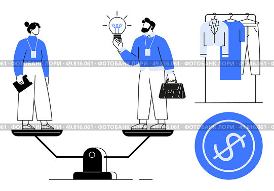Business professionals on a seesaw, man holding lightbulb and briefcase, woman holding folder, wardrobe with clothes, dollar sign button. Ideal for teamwork, balance, business ideas, resource. Business professionals balancing ideas and resources in workplace environment. Стоковая иллюстрация, агентство Ingram Publishing / Фотобанк Лори