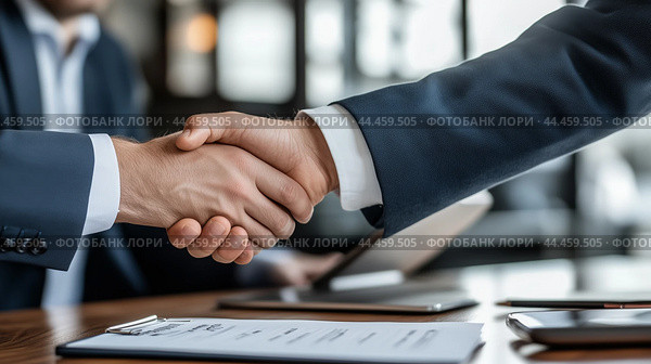 Business professionals shaking hands to finalize an agreement in a modern office during a daytime meeting. Стоковое AI-изображение, AI-художник Сергей Толмачёв / Фотобанк Лори