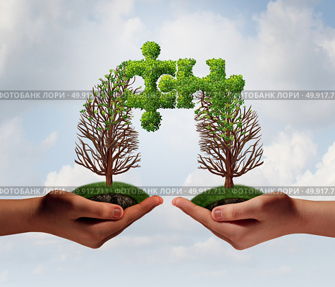 Business puzzle agreement concept as two people connecting together with growing trees merging together shaped as jigsaw pieces integrating with 3D illustration elements. Стоковое фото, агентство Ingram Publishing / Фотобанк Лори