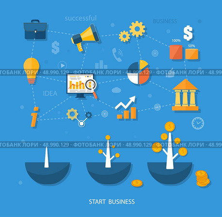 Business start infographics template. Scheme with linked, icons and gears. Tree with coins money grows flat design style. Стоковая иллюстрация, агентство Ingram Publishing / Фотобанк Лори