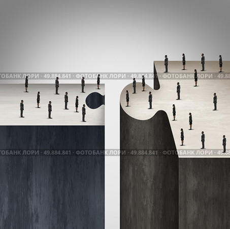 Business strategy problem and incompatible corporate plan concept as two teams of people on a large jigsaw puzzle piece and a small piece in an incorrect size as a metaphor for businesspeople unity problems. Стоковое фото, агентство Ingram Publishing / Фотобанк Лори