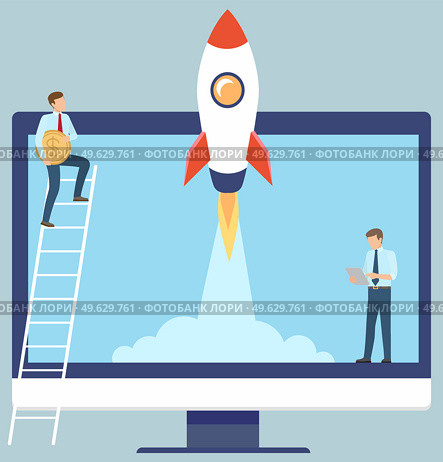 Business team make new project standing near laptop, start up concept. Rocket takes off into sky. Businessman on ladder with coin develops business idea. Innovative successful way in entrepreneurship. Business team make new project standing near laptop, start up concept. Rocket takes off into sky. Стоковая иллюстрация, агентство Ingram Publishing / Фотобанк Лори