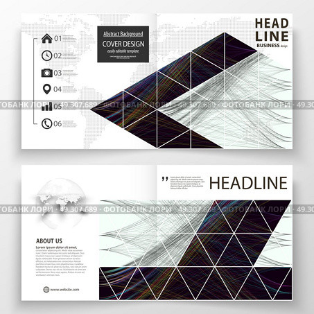 Business templates for square bi fold brochure, magazine, flyer, booklet. Leaflet cover, flat layout, easy editable vector. Abstract waves, lines, curves. Dark color background. Motion design.. Business templates for square bi fold brochure, magazine, flyer, booklet. Leaflet cover, flat layout, easy editable vector. Abstract waves, lines, curves. Dark color background Motion design. Стоковая иллюстрация, агентство Ingram Publishing / Фотобанк Лори
