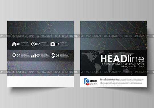 Business templates for square design brochure, magazine, flyer, booklet. Leaflet cover, vector layout. Colorful dark background with abstract lines. Bright color chaotic, random, messy curves.. Business templates for square design brochure, magazine, flyer, booklet or annual report. Leaflet cover, abstract flat layout, easy editable vector. Colorful dark background with abstract lines. Bright color chaotic, random, messy curves. Colourful vector decoration. Стоковая иллюстрация, агентство Ingram Publishing / Фотобанк Лори