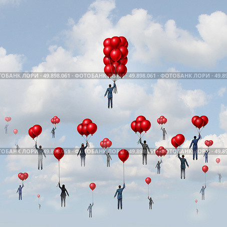 Business wealth concept as a group of people lifted by balloons with an individual businessman with more accumulated floating objects reaching higher with 3D illustration elements. Стоковое фото, агентство Ingram Publishing / Фотобанк Лори