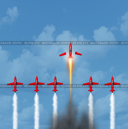 Business winner concept as a group of airplanes with air smoke trail with an individual plane transforming into a rocket blasting ahead of the competition as an up your game icon with 3D illustration elements. Стоковое фото, агентство Ingram Publishing / Фотобанк Лори