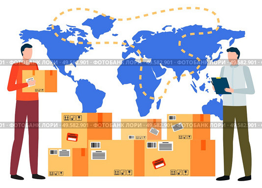 Business with China parcel and international worldwide. Men characters working with cardboard cargo and delivery anywhere in world. Teamwork cooperation with goods in different states vector. International Business with Parcel Symbol Vector. Стоковая иллюстрация, агентство Ingram Publishing / Фотобанк Лори