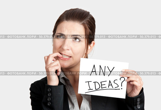 Business woman biting the nails and holding a card board with the text message "Hire me" Стоковое фото, агентство Ingram Publishing / Фотобанк Лори