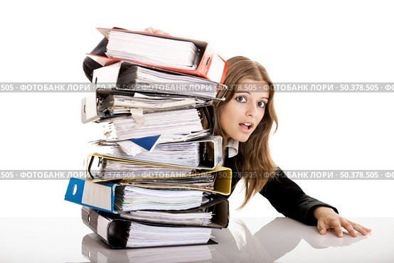 Business Woman in the office over-worked isolated on white. Стоковое фото, агентство Ingram Publishing / Фотобанк Лори