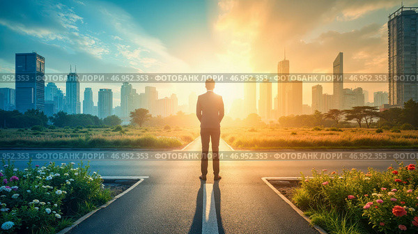 Businessman at crossroads deciding future direction facing challenging choices career path urban setting professional decision making thinking contemplating option. Стоковое AI-изображение, AI-художник Павел Муравьев / Фотобанк Лори