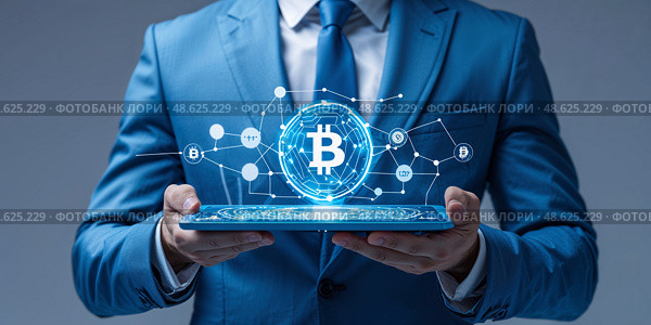 Businessman in blue suit holds tablet displaying Bitcoin cryptocurrency network concept with digital connections. Стоковое AI-изображение, AI-художник Сергей Толмачёв / Фотобанк Лори