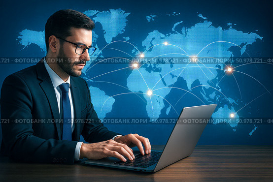 Businessman in formal suit working on laptop with glowing world map and digital network connections, international communication, finance, technology, business globalization, blue background. Стоковое AI-изображение, AI-художник Павел Муравьев / Фотобанк Лори