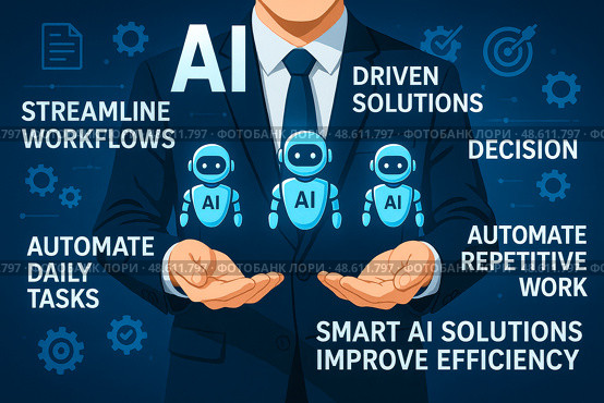 Businessman presenting three blue AI robot icons floating above open palms surrounded by keywords highlighting automated workflows decision making for modern enterprises. Стоковое AI-изображение, AI-художник Павел Муравьев / Фотобанк Лори