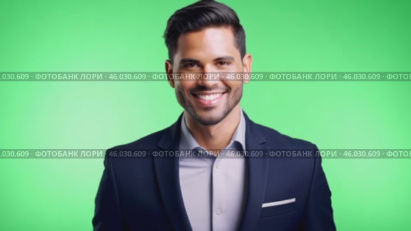 Businessman smiling confident on green screen. Male dressed in a stylish formal outfit. Professional millennial man isolated on green background. Chroma key backdrop. Headshot portrait. Presentation. Стоковое AI-видео, аниматор Марина Демидюк / Фотобанк Лори