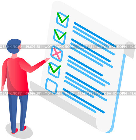 Businessman stands at big complete checklist, worksheet with tick marks, to do list. Business organization and achievements of goals. Check list, questionnaire, management and tasks planning concept. Businessman stands at big complete checklist, worksheet with tick marks, to do list, worksheet. Стоковая иллюстрация, агентство Ingram Publishing / Фотобанк Лори