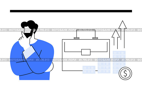 Businessman thinking with briefcase, stacks of coins and rising arrows. Ideal for investment strategy, financial planning, business growth, career advancement, success, entrepreneurship, economic. Businessman Contemplating Investment Growth with Briefcase, Rising Arrows, and Coin Graph. Стоковая иллюстрация, агентство Ingram Publishing / Фотобанк Лори