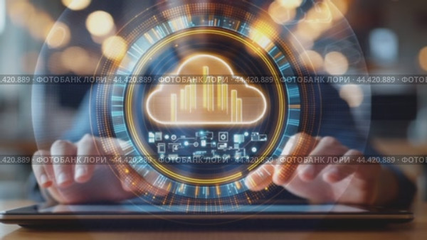 Businessman using digital tablet analyzing cloud computing storage sharing via data center network. Стоковое AI-видео, аниматор Юрий Поздников / Фотобанк Лори