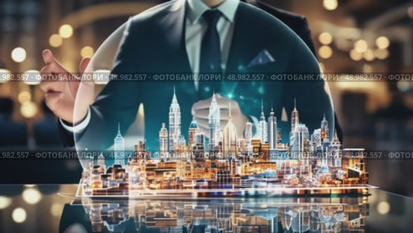 Businessman with Futuristic City Hologram. Стоковое AI-видео, аниматор Olga Dmitrieva / Фотобанк Лори