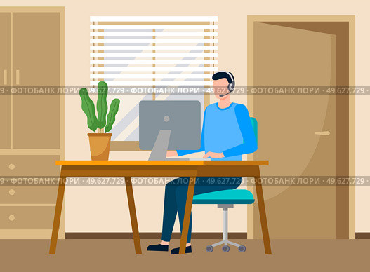 Businessman work as a call center with headphone sitting at a table with computer in office room. Customer support operator. Hotline employee with notebook and headset receiving an order from a client. Businessman work as a call center with headphone sitting at a table with computer in office room. Стоковая иллюстрация, агентство Ingram Publishing / Фотобанк Лори