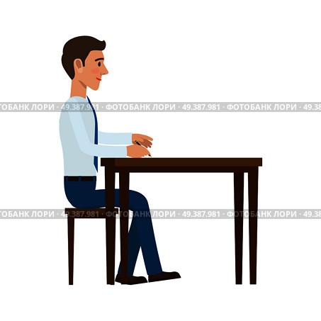 Businessman working with documents. Man in shit and tie seating at the table and writing with pen flat vector isolated on white background. Signing of the contract illustration for business concept. Businessman Writing with Pen at the Table Vector. Стоковая иллюстрация, агентство Ingram Publishing / Фотобанк Лори