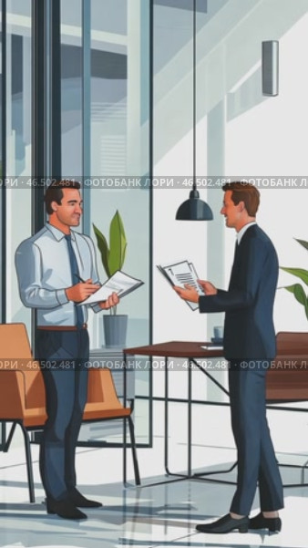 Businessmen discussing contract in modern office. Стоковое AI-видео, аниматор Юрий Поздников / Фотобанк Лори