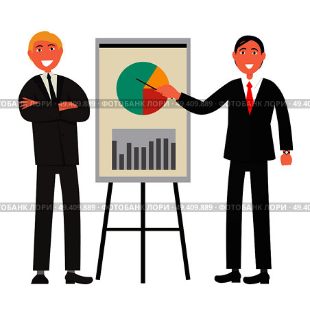 Businessmen in office suits with ties make statistics presentation and explain diagram isolated vector illustration on white background.. Businessmen Make Presentation and Explain Diagram. Стоковая иллюстрация, агентство Ingram Publishing / Фотобанк Лори