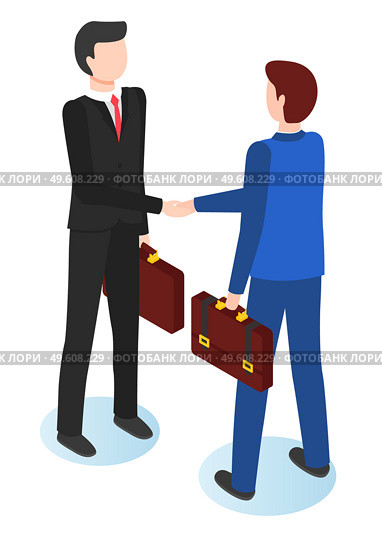 Businessmen shaking hands vector flat illustration. Two men in suits with a briefcase in hand greet, business meeting concept. Good deal, conclusion of an agreement on trade business relation. Businessmen shaking hands vector flat illustration. Two men in suits greet, business meeting concept. Стоковая иллюстрация, агентство Ingram Publishing / Фотобанк Лори