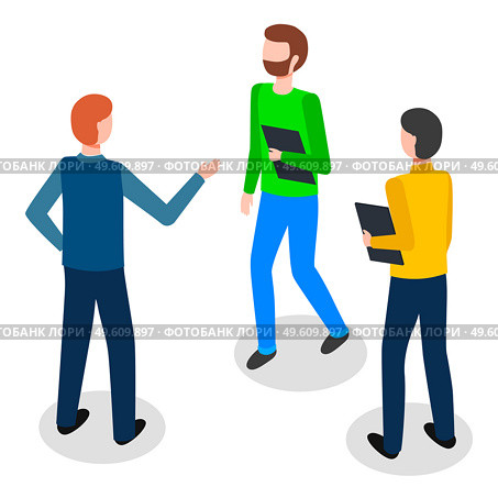 Businesspeople characters holding folder. Man colleagues, teamwork cooperation, group of people speaking, communicating. Full length view of male workers discussing, employee meeting vector design. Businesspeople characters with folder. Man colleagues, teamwork cooperation group of people speaking. Стоковая иллюстрация, агентство Ingram Publishing / Фотобанк Лори
