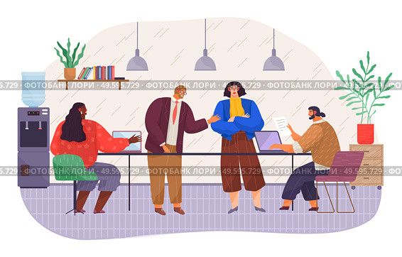 Businesspeople talking and working together in office have a productive conversation. Staff communicating concept. Business meeting around table . Brainstorming process collaboration workers. Businesspeople talking and working together in office around table have a productive conversation. Стоковая иллюстрация, агентство Ingram Publishing / Фотобанк Лори