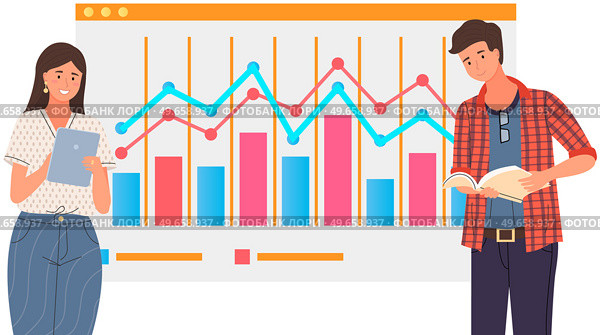 Businessteam stands in front of screen with chart, statistics. Office workers have creative idea for company finance development. Colleagues conduct analytics of statistical data, diagram on banner. Colleagues conduct analytics of statistical data. Businessteam analyse statistics, diagrams. Стоковая иллюстрация, агентство Ingram Publishing / Фотобанк Лори